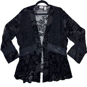 Vintage Y2K Chico's Black Burnout Velvet Sheer Floral Fairy goth Cardigan Top 3